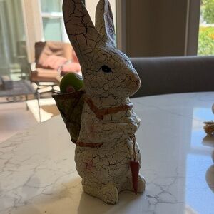 White Crackle Ceramic Bunny Figurine with Green Backpack